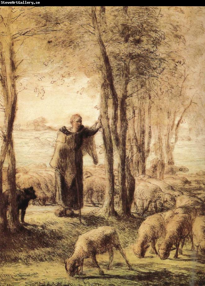 Jean Francois Millet Shepherdess with dog and sheep